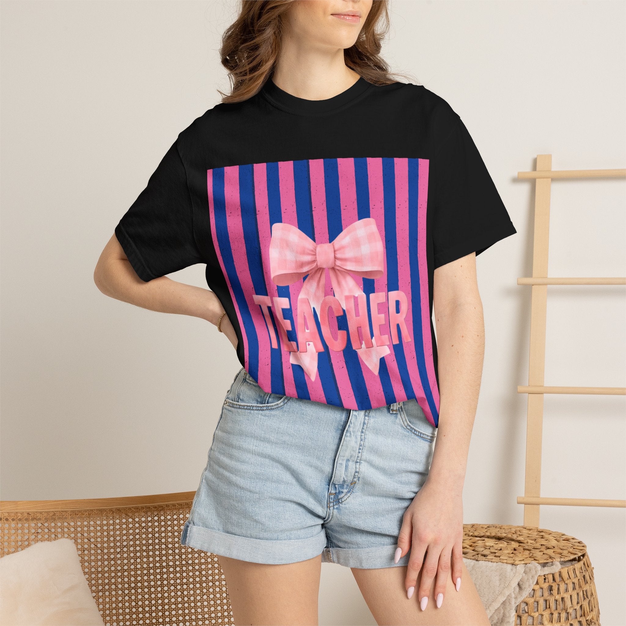 Teacher Pink Bow Striped T-Shirt — Gift for Educators