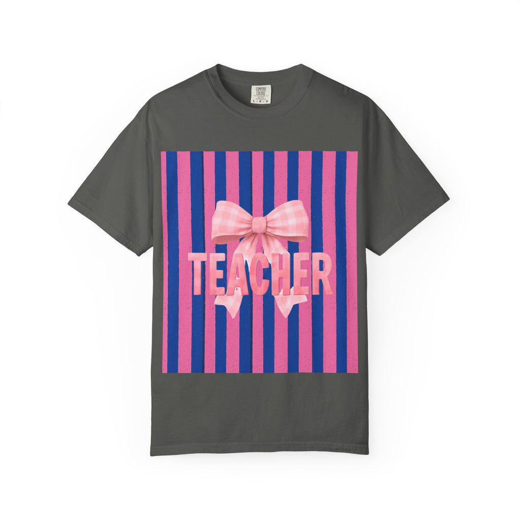 Teacher Pink Bow Striped T-Shirt — Gift for Educators
