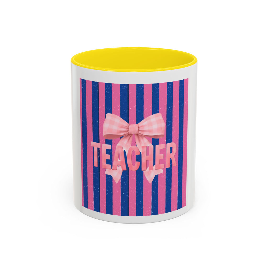 Teacher Mug — Pink Bow Striped Coffee Cup (11/15oz)