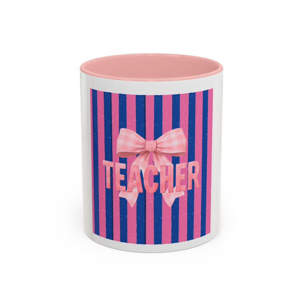Teacher Mug — Pink Bow Striped Coffee Cup (11/15oz)