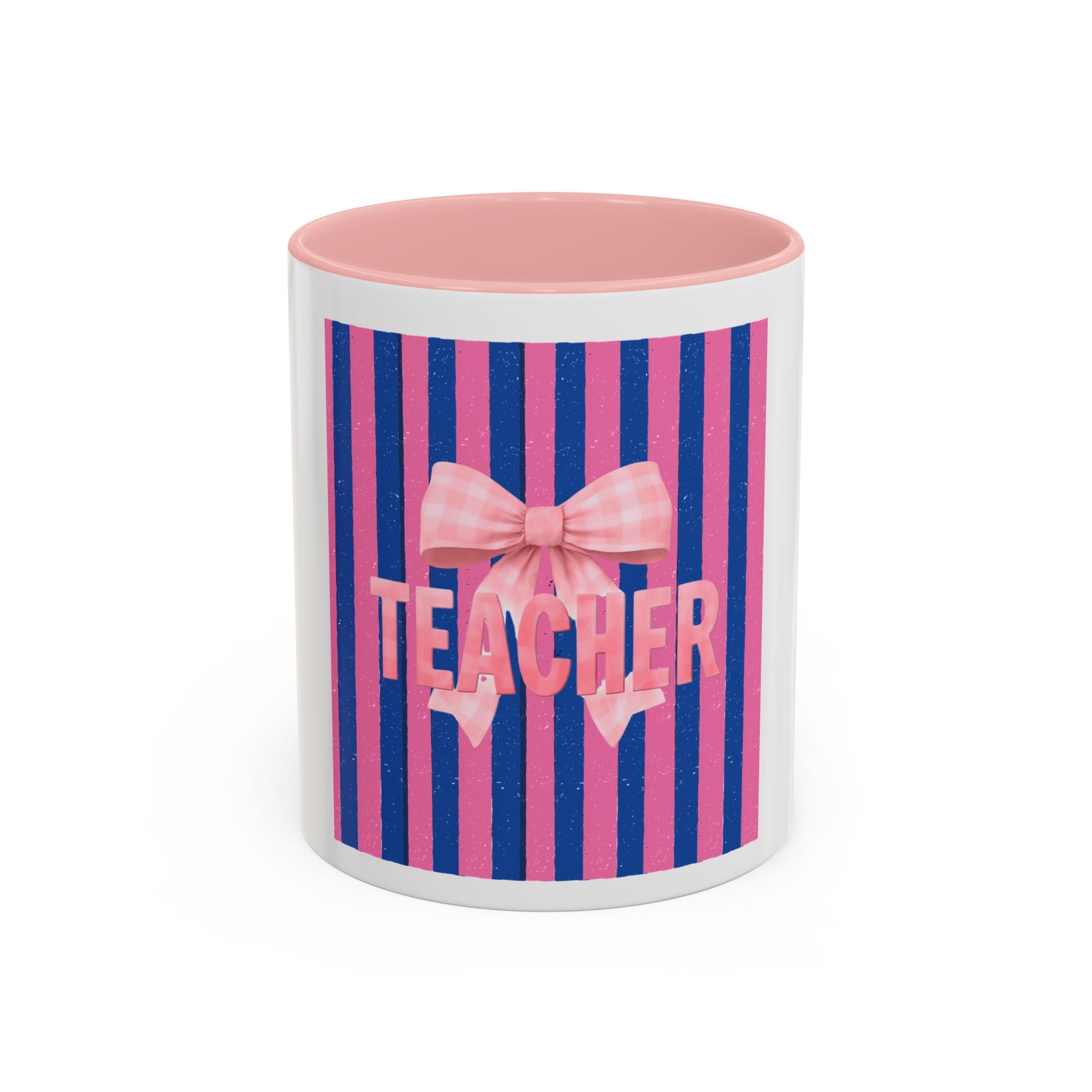 Teacher Mug — Pink Bow Striped Coffee Cup (11/15oz)