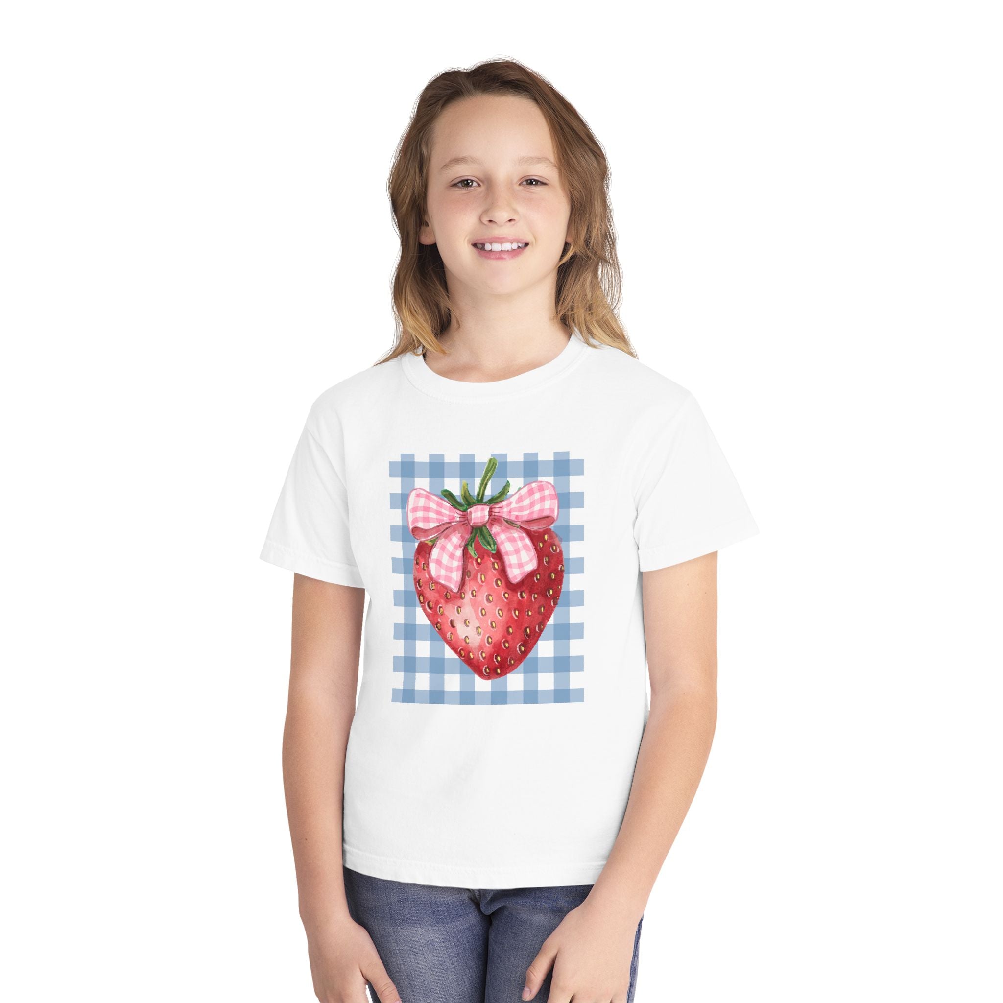 Kids Strawberry Graphic Tee — Gingham Bow Fruit Shirt