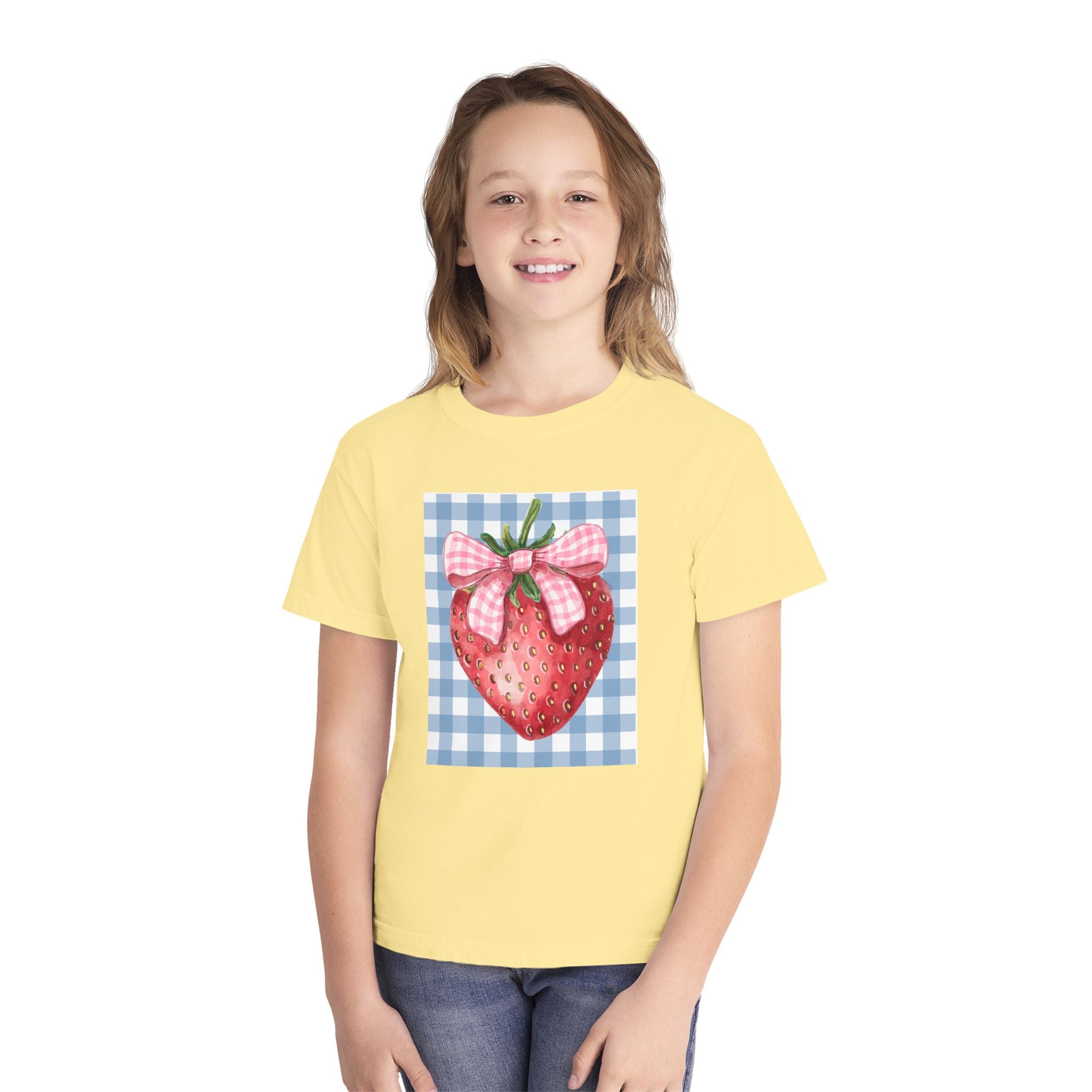 Kids Strawberry Graphic Tee — Gingham Bow Fruit Shirt