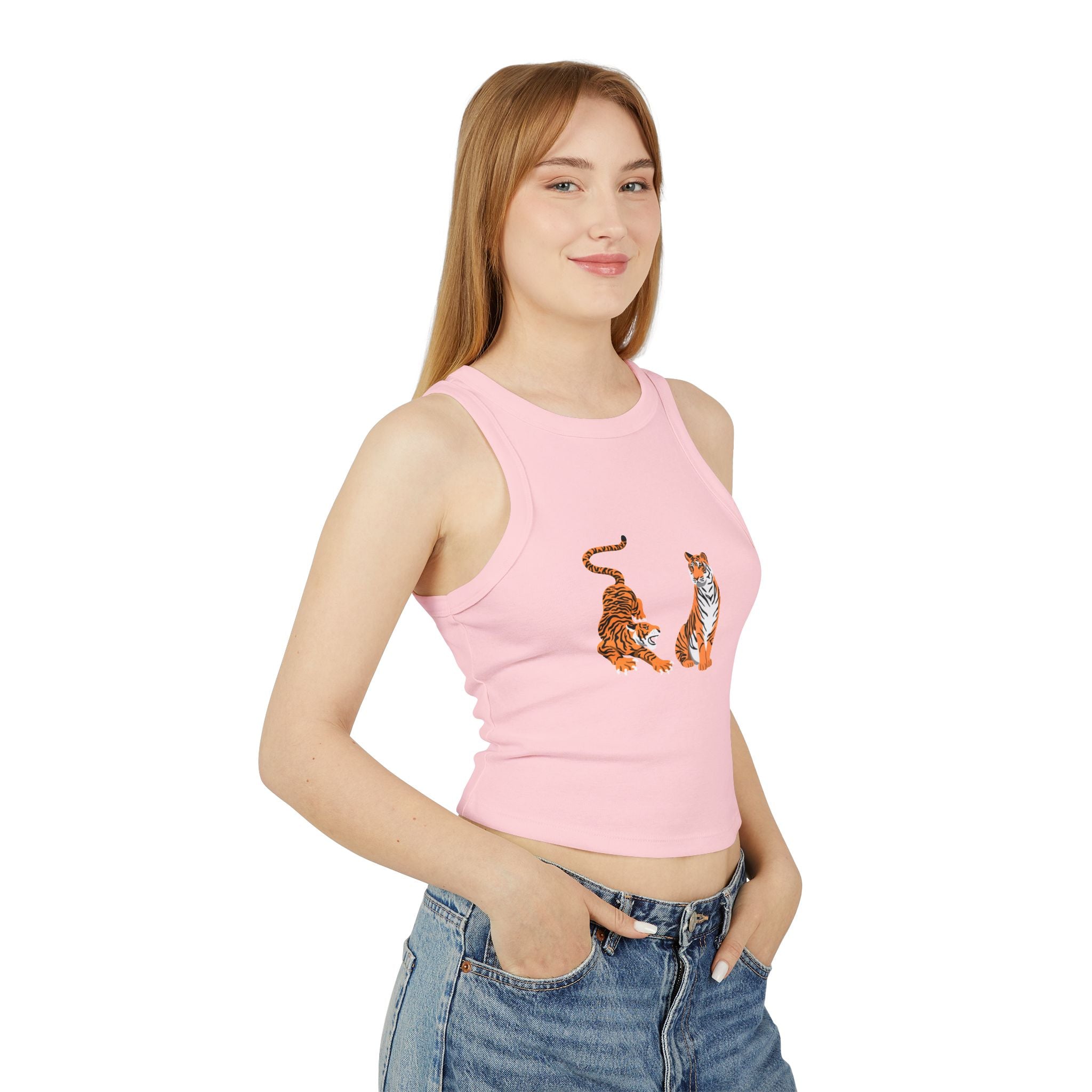 Tiger Duo Racer Tank Top — Playful Floral Tiger Graphic for Women