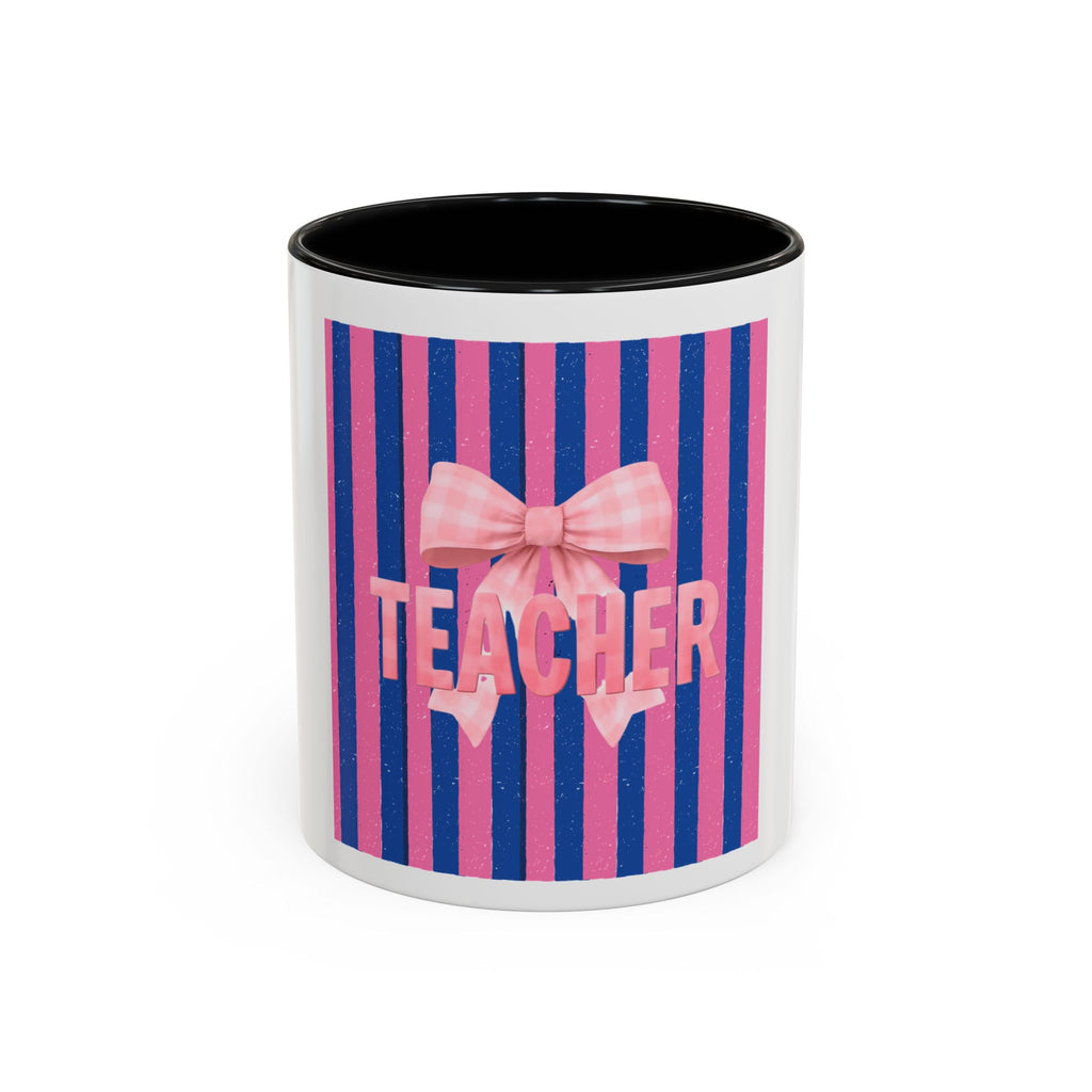 Teacher Mug — Pink Bow Striped Coffee Cup (11/15oz)