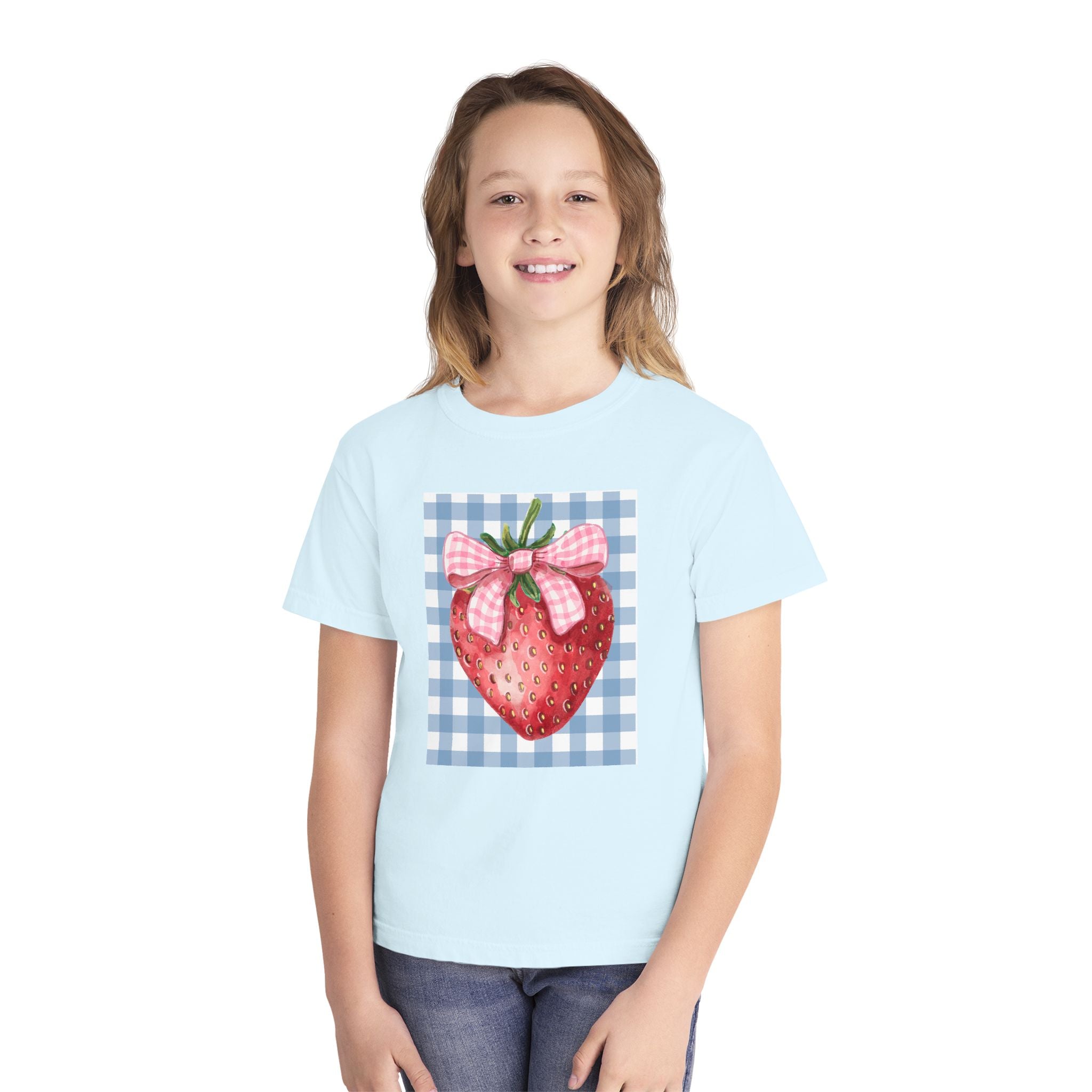 Kids Strawberry Graphic Tee — Gingham Bow Fruit Shirt