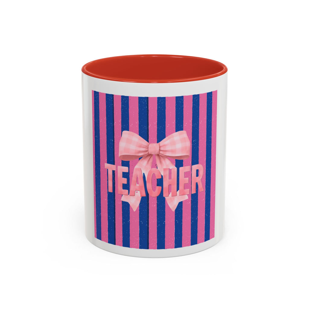 Teacher Mug — Pink Bow Striped Coffee Cup (11/15oz)