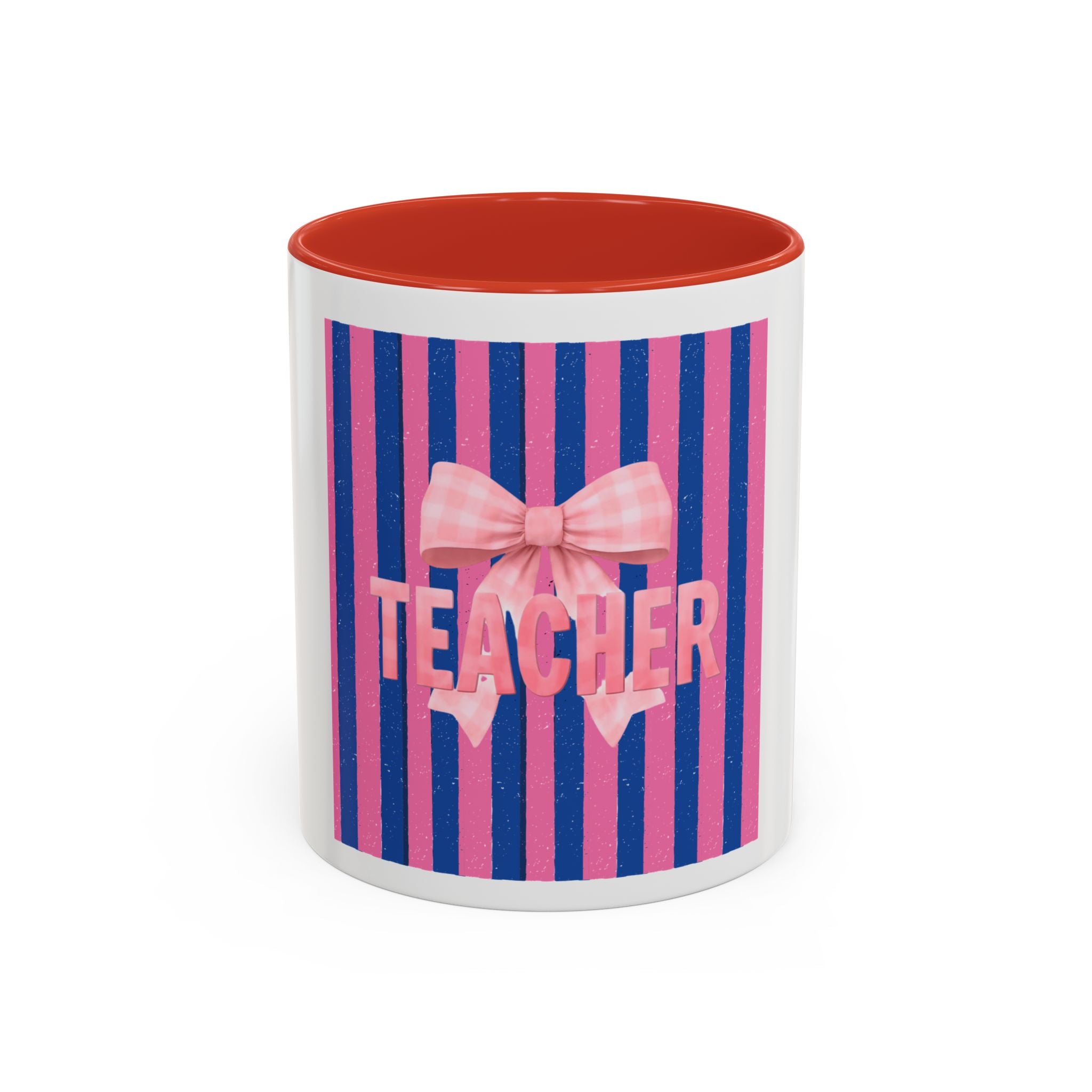 Teacher Mug — Pink Bow Striped Coffee Cup (11/15oz)