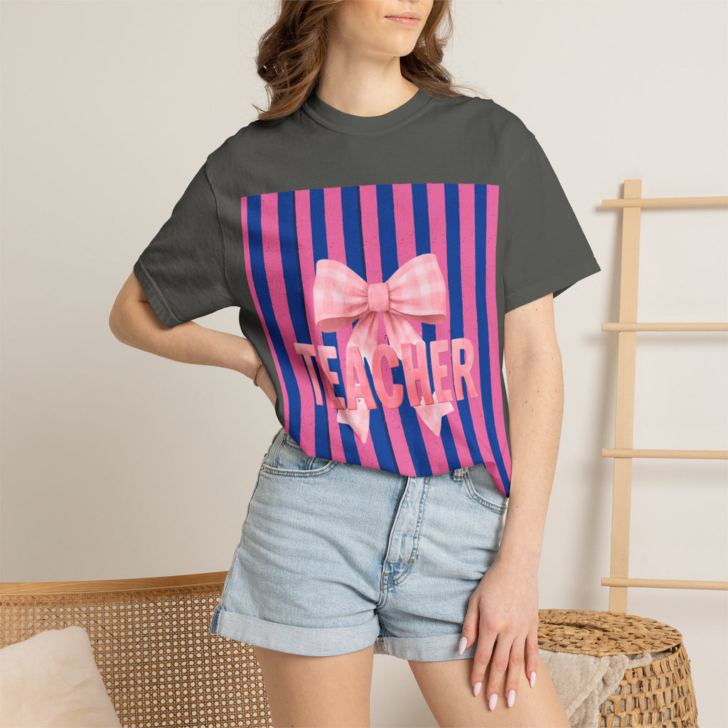 Teacher Pink Bow Striped T-Shirt — Gift for Educators