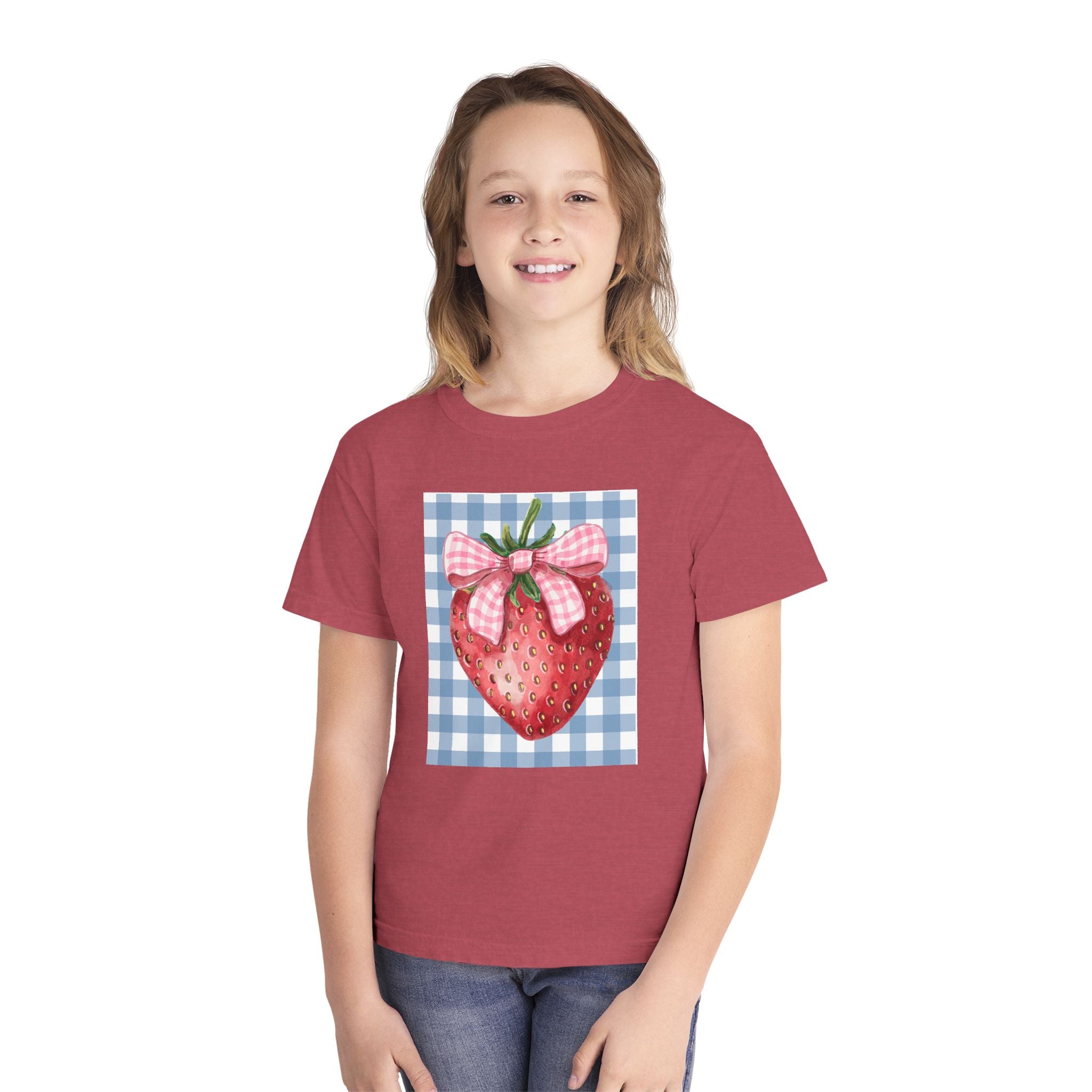 Kids Strawberry Graphic Tee — Gingham Bow Fruit Shirt