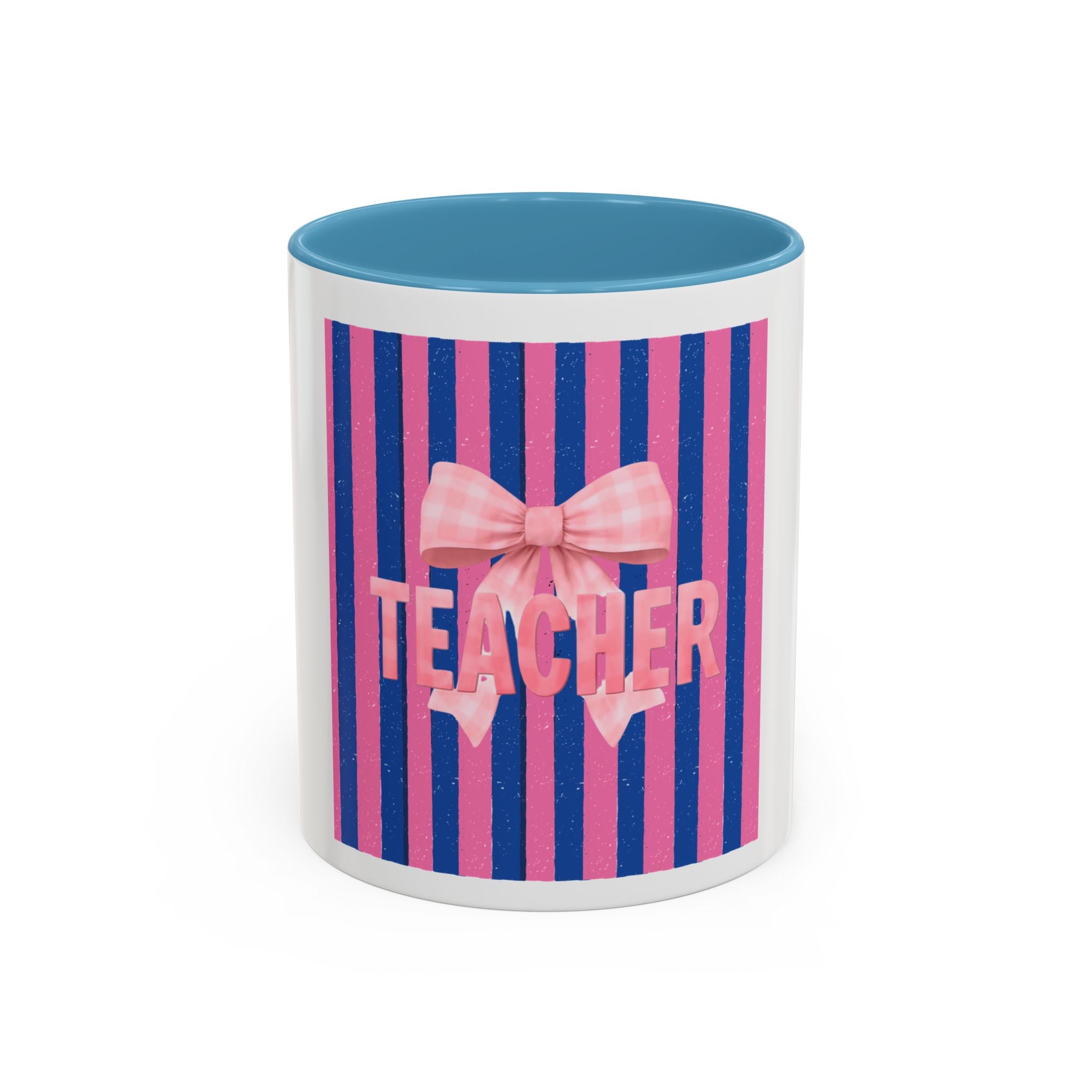Teacher Mug — Pink Bow Striped Coffee Cup (11/15oz)