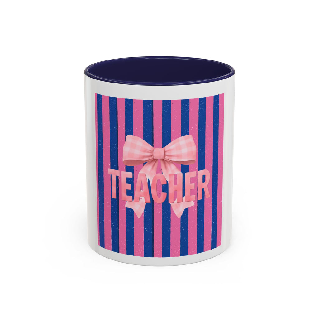 Teacher Mug — Pink Bow Striped Coffee Cup (11/15oz)