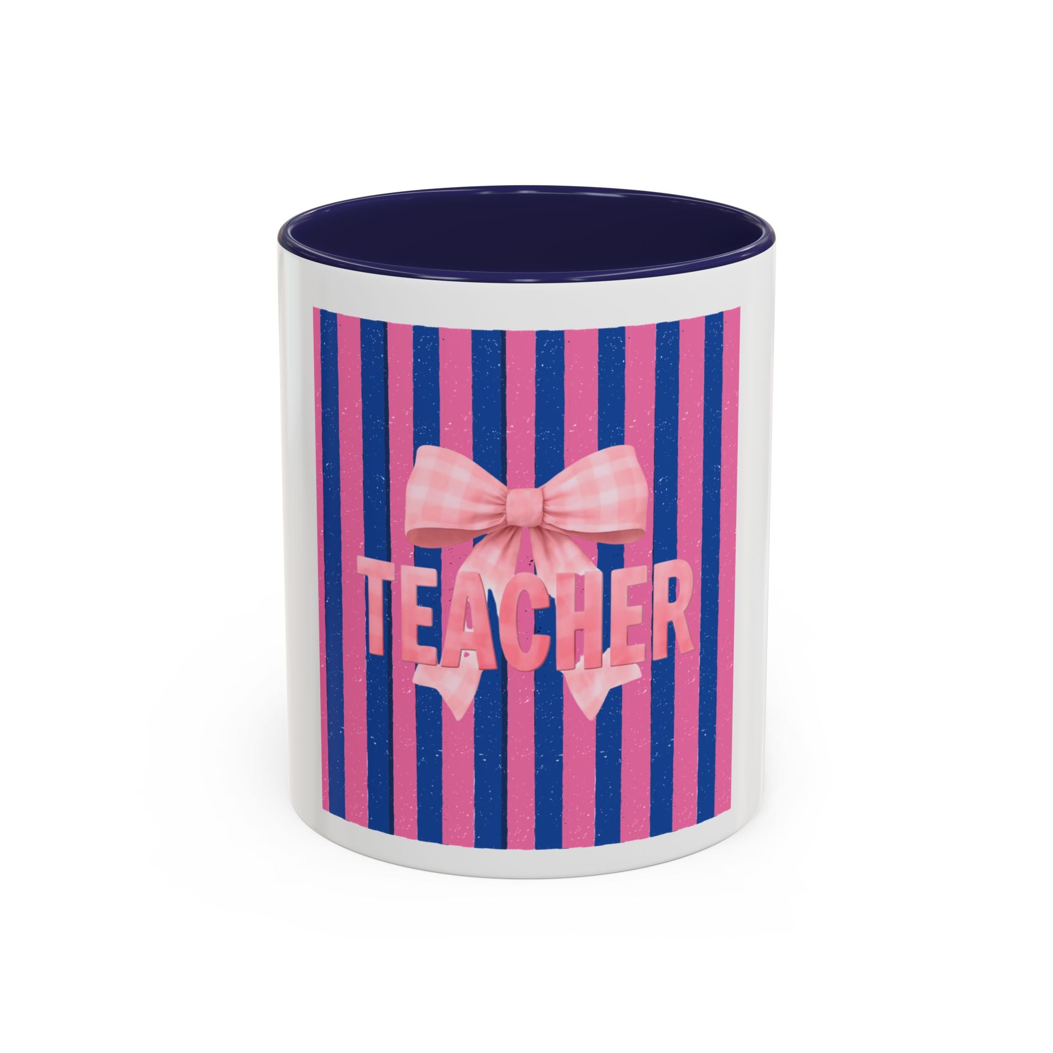 Teacher Mug — Pink Bow Striped Coffee Cup (11/15oz)