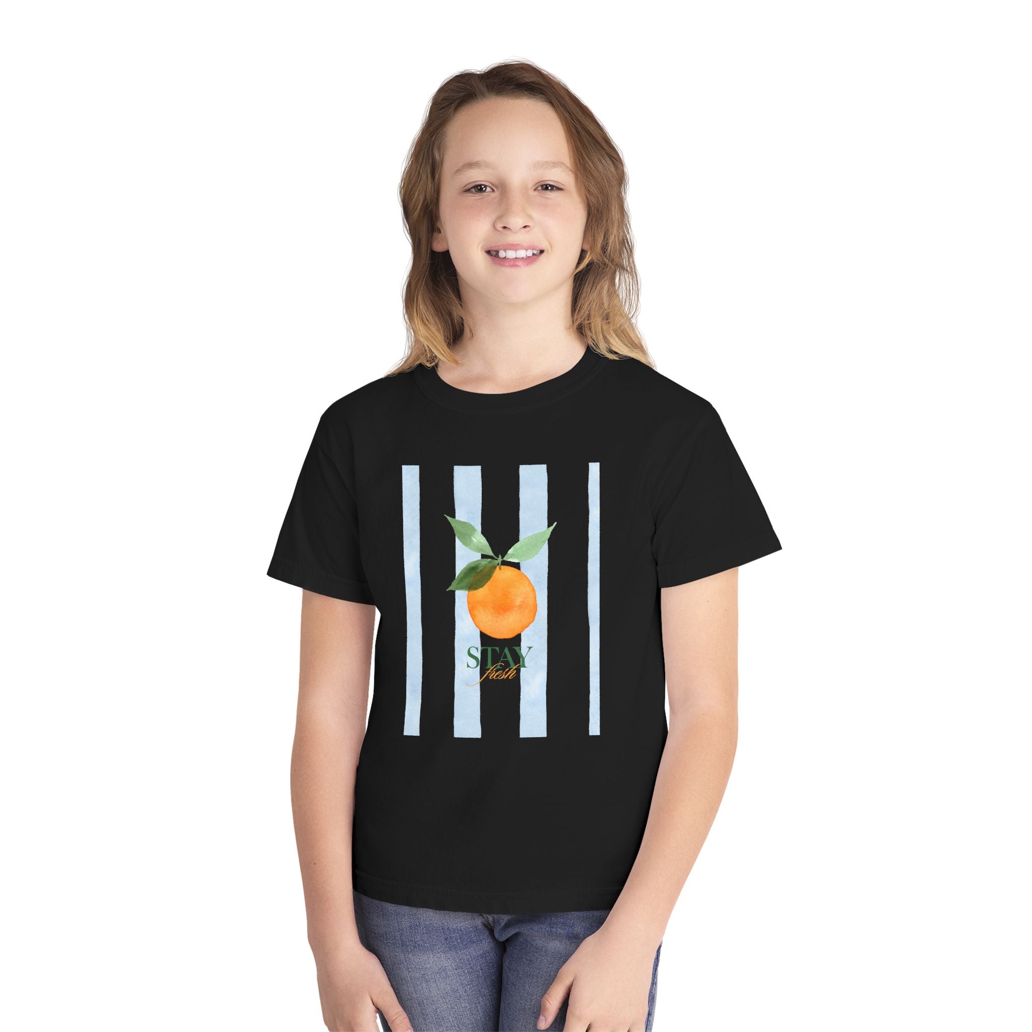 Youth Tee — Peach Graphic with Stripes (“Stay Fresh”)